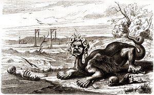 La Fronde (1648-1653): ein monströses Tier mit Schlangenhaaren steht über menschlichen Leichen und Skeletten von French School
