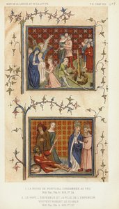 Die Königin von Portugal zum Feuer verurteilt, der Papst, der Kaiser und die Tochter des Kaisers (Farblithografie)
