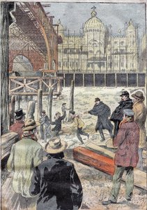 Die gefrorene Seine, nahe der für die Weltausstellung erbauten Eisenbrücke, neben der Pont des Invalides, Winter 1899. Gravur in „Le Pelerin“ 31/12/1899.
