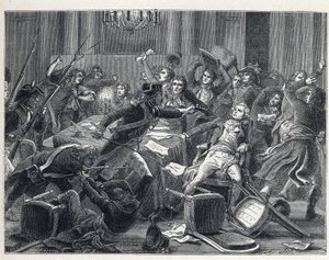 Der Terror während der Französischen Revolution: Verhaftung von Maximilien de Robespierre (1758-1794) und seinen Anhängern im Hôtel de Ville de Paris am 9. Thermidor Jahr II (27. Juli 1794). In der Mitte schießt ein Gendarm mit einer Pistole auf Robespierr