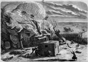 Der Absturz des Ballons „Le Géant“ in den Ebenen von Hannover im Jahr 1863 mit an Bord: Jules und Louis Godard, Felix Nadar, seine Frau, Fernand Montgolfier und Thirion. Die Aeronauten versuchen, Frau Nadar zu retten, die unter dem Korb gefangen ist. Gravu von French School