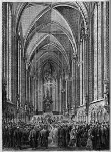 Die Messe des Heiligen Geistes, gefeiert in der Sainte Chapelle von Paris, anlässlich der Rückkehr der Justiz, am 3. November 1863. Gravur in "Le Monde Illustré" Nr. 343 vom 7. November 1863