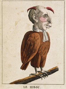 Die Eule in Karikatur, Charakterstudie „flüchtiger Charakter“ 19. Jahrhundert, populäre Bildsprache von French School