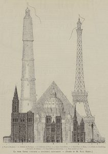 Der Eiffelturm im Vergleich zu verschiedenen Denkmälern (Gravur)