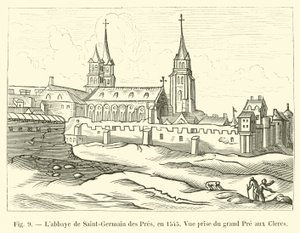 Die Abtei Saint-Germain des Prés im Jahr 1545, Blick vom großen Pré aux Clercs von French School