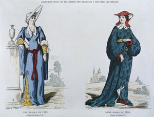 Dame im Jahr 1498 unter der Herrschaft von Karl VIII. (1470-98), Adlige Frau im Jahr 1395 unter der Herrschaft von Karl VI. (1380-1422), aus Costumes civils et militaires des francais a travers les siecles von French School
