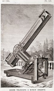 Großes silbernes Spiegelteleskop (Léon Foucault System), äquatorial montiert für das Observatorium von Marseille - in „Der Himmel“ von Amédée Guillemin, Hachette, Paris
