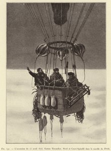Der Aufstieg vom 15. April 1875, Gaston Tissandier, Sivel und Croce-Spinelli in der Gondel des Zenith von French School