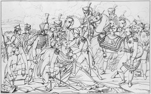 Letzte Momente von Marschall Lannes, Herzog von Montebello, in der Schlacht von Essling am 22. Mai 1809, nach einem Gemälde von Albert Paul Bourgeois, Salon von 1810 von French School