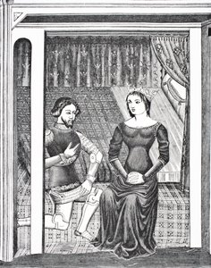 Lancelot und Guinevere, nach einer Miniatur aus einem Manuskript des 14. Jahrhunderts, aus Wissenschaft und Literatur im Mittelalter von Paul Lacroix, London 1878 von French School