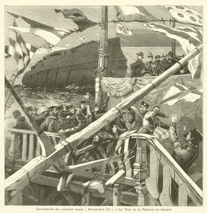 Stapellauf des russischen Schlachtschiffs Imperator Aleksandr III (Gravur) von French School