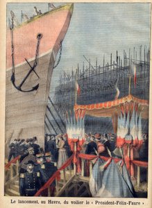 Stapellauf in Le Havre der „Präsident Felix-Faure“ Segelboot. „Le petit Journal“ von French School