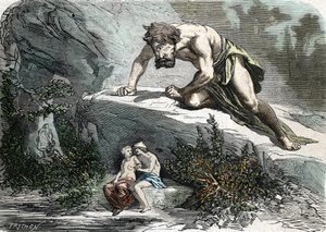 Der Zyklop Polyphem überrascht Galatea und Acis (Gravur) 1864