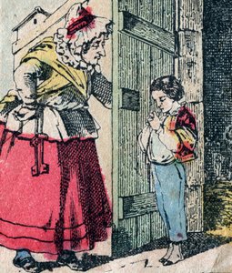 Le Père Fouettard, französische Figur des Peitschenvaters, legendäre Figur des Folklore, die unartige Kinder bestraft: seine Frau, La Mère Fouettard, die Peitschenmutter, die reuige Kinder liefert - Epinal-Bild