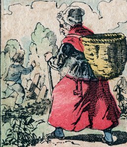 Le Pere Fouettard, französische Figur des Peitschvaters, legendäre Figur des Folklore, die unartige Kinder bestraft: seine Frau, La Mere Fouettard, die Peitschmutter, die die Kinder verfolgt, die die Schule schwänzen - Epinal-Bild