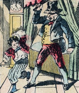 Le Pere Fouettard, legendäre Figur des Folklore, die unartige Kinder mit seiner Peitsche bestraft und ungehorsame Kinder einsperrt, Epinal-Bild