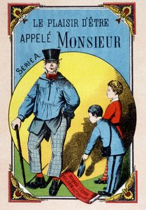 Das Vergnügen, Monsieur genannt zu werden: Kinder grüßen einen Arbeiter in einer Bluse mit Zylinder, Bild von Epinal, 19. Jahrhundert von French School