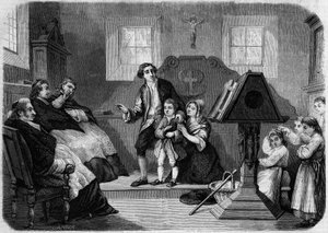 Le Salon de 1857 - Erstes Debüt von Lesueur, Komponist von Musik, von Laurent Detouche. Jean François Lesueur (1760-1837), als Chorknabe. Gravur in „Le Monde Illustré“ Nr. 22 vom 12. September 1857. von French School