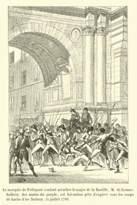 Der Marquis de Pellepont versucht, den Major der Bastille, M. de Losme-Salbray, aus den Händen des Volkes zu retten, wird aber selbst am 14. Juli 1789 von einem wütenden Mann mit einer Axt schwer verletzt von French School