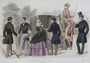 Abfahrt zu einer Kutschfahrt, Illustration aus Le Journal des Tailleurs, 1856 (Farbstich)