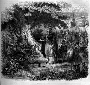 Legende von Karl dem Großen und der Schlange: Der Kaiser vor dem Nest der Schlange, das von einer Kröte bewohnt wird. Gravur von 1852.