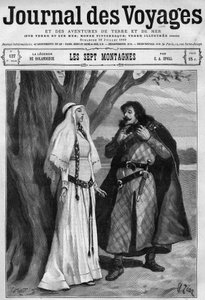 Legende von Rolandseck: Hildegonde erfährt vom Tod Rolands, ihres Verlobten, und schweigt vor Schmerz. Deutsche Adaption des „Rolandslieds“. Gravur im „Journal des Voyages“ vom 16. Juli. von French School