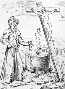 Legende vom Juden, der den Teufel aus einem Gefäß mit Blut ruft, nach einem Holzschnitt in Histoires Prodigieux von Pierre Boaistuau, veröffentlicht 1560 von French School