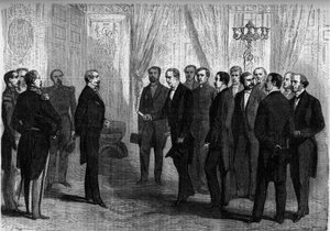 Kaiser Napoleon III. empfängt im Tuilerienpalast die mexikanische Delegation, die beauftragt ist, dem Prinzen Maximilian (Maximilian I. von Mexiko) die Krone von Mexiko anzubieten. Paris von French School
