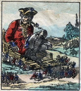 Lemuel Gulliver, ein Gefangener, wird auf einem von den Lilliputanern gezogenen Wagen transportiert. Illustration für „Gullivers Reisen“ von Jonathan Swift (1667-1745). Epinal Imaging Ende des 19. Jahrhunderts. von French School