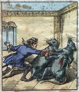 Lemuel Gulliver kämpft gegen Ratten im Land der Riesen von Brobdingnag. Illustration für "Gullivers Reisen" von Jonathan Swift. Epinal-Bildgebung Ende des 19. Jahrhunderts.