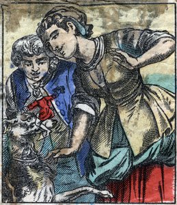 Lemuel Gulliver im Land der Riesen von Brobdingnag. Illustration für "Gullivers Reisen" von Jonathan Swift. Epinal-Bildgebung Ende des 19. Jahrhunderts. von French School