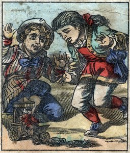 Lemuel Gulliver wird von den riesigen Kindern von Brobdingnag als Spielzeug benutzt. Illustration für „Gullivers Reisen“ von Jonathan Swift (1667-1745). Epinal-Bild Ende des 19. Jahrhunderts