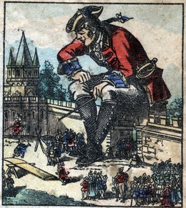 Lemuel Gulliver sitzt auf der Stadtmauer und erklärt der Lilliputanischen Armee die Strategie. Illustration für "Gullivers Reisen" von Jonathan Swift. Epinal-Bildgebung Ende des 19. Jahrhunderts.