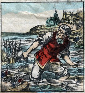 Lemuel Gulliver feuert die Schiffe der Blefuscu-Armee zum Hauptstadt-Hafen von Lilliput. Illustration für "Gullivers Reisen" von Jonathan Swift. Epinal-Bildgebung Ende des 19. Jahrhunderts.