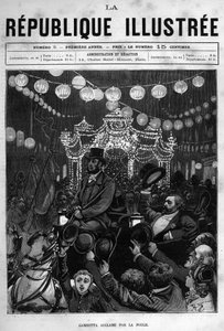 Léon Gambetta (1838-1882) begrüßt die Statue auf dem Place de la République in Paris. Eine Zeitung. Gravur von 1880 in „La république illustrée“ private Sammlung. von French School