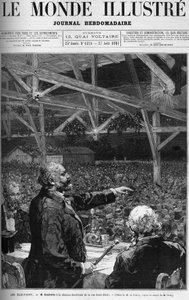 Leon Gambetta bei der Wahlversammlung in der Rue Saint Blaise in Belville in Paris, eingeladen vom radikalen Komitee des 20. Arrondissements. Titelblatt der „Die Illustrierte Welt“ vom 27. August von French School