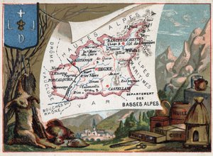 Les Basse-Alpes (Basse-Alpes), heute Département Alpes-de-Haute-Provence (Alpes de Haute-Provence 04), Frankreich. Lokale Spezialität: Jagd, Wachs, Honig, Trockenfrüchte und Öl. Serie über die französischen Departements. Chromolithographie „der geografisch