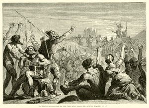 Die Israeliten jubeln, als sie die heilige Lade in ihrem Lager sehen (Gravur) von French School