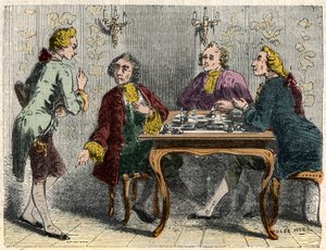 Die Schachspieler des Cafés Procope in Paris im 18. Jahrhundert - Gravur in „Tableau-de-Paris“ von Edmond Texier 1852