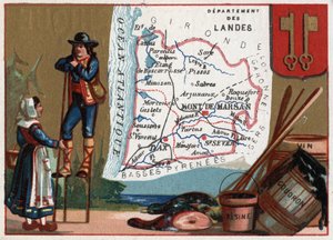 Les Landes (40), Aquitanien, Frankreich. Serie über die französischen Departements. Lokale Spezialitäten: Teer und Weinharz. Schäfer der Landes. Chromolithographie "Der geografische Faden", ca. 1920. Private Sammlung
