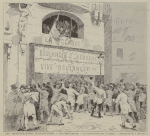 Die Boulangistischen Manifestationen, Rue Montmartre, Die Verteilung der Kokarden (Gravur)