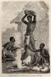 Die Schmiede Mannganyas, in einem Dorf entlang des Loualaba-Flusses (heutiger Kongo-Fluss), Gravur nach einer Zeichnung von D. Maillard, zur Illustration von David Livingstones letztem Tagebuch (1813-1873), 1866-1873, veröffentlicht in „Le tour du monde“ 1