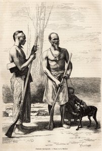 Die Bergjäger der Insel Formosa, Gravur nach einer Zeichnung von D. Maillard, zur Illustration der Reise nach China, von J. Thompson, 1870-1872, veröffentlicht in „Le tour du monde“ 1875, herausgegeben von Edouard Charton, Hachette, Paris. Selva-Sammlung von French School