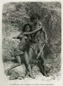 Die flüchtigen Aborigines, Gravur nach einer Zeichnung von D. Maillart, zur Illustration der Geschichte sechs Monate in Australien, von Désiré Charnay, einer Mission des Ministeriums für öffentliche Bildung, 1878, veröffentlicht in der Tour du monde, unter