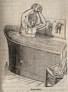 Die Gesten des Bades - Hygiene im 19. Jahrhundert - Mann in einer Badewanne - Gravur in „La Sante Universelle - Guide Medical des Familles“ 1852