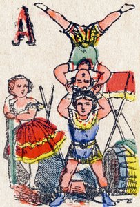Buchstabe A Akrobaten. Gravur in "Alphabet des jeux"