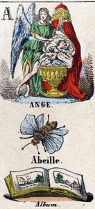Buchstabe A wie Engel, Biene und Album. Ein Schutzengel neben einem Kind, das in einer Wiege schläft. Kleines enzyklopädisches Alphabet. Epinaler Bildgebung, um 1860. Holzschnitt, schabloniert mit Vergoldung. Privatbesitz von French School
