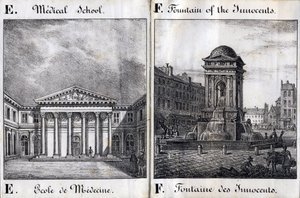 Buchstabe E und F: Medizinische Fakultät und der Brunnen der Unschuldigen - „Alphabet Picturesque des Monumens de Paris“ um 1840 (Gravur)