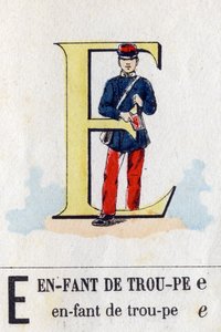 Buchstabe E als Truppenkind. Militäralphabet. Bildmaterial von Epinal, ca. 1870-1880. Schablonenfarbige Holzschnitte.