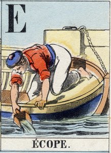 Buchstabe E wie Ecope. Marinealphabet. Epinal-Bild, Ende des 19. Jahrhunderts. Schablonierte Holzgravur von French School